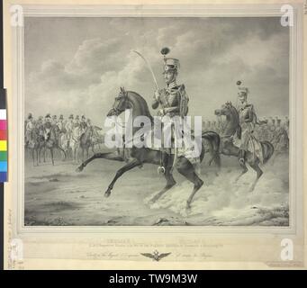 Nikolaus I., Kaiser von Russland, Reiter Bild oben auf seinem österreichischen Regiment der Husaren im März vergangenen vor Franz I., Kaiser von Österreich, während Muenchengraetz, Lithographie von Wilhelm Devrient. Wappen, Additional-Rights - Clearance-Info - Not-Available Stockfoto