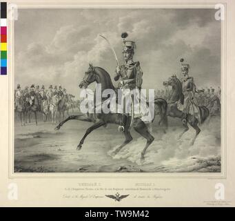 Nikolaus I., Kaiser von Russland, Reiter Bild oben auf seinem österreichischen Regiment der Husaren im März vergangenen vor Franz I., Kaiser von Österreich, während Muenchengraetz, Lithographie von Wilhelm Devrient. Wappen, Additional-Rights - Clearance-Info - Not-Available Stockfoto