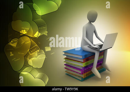 3d Mann sitzt auf Bücher und Arbeiten an seinem Laptop Stockfoto
