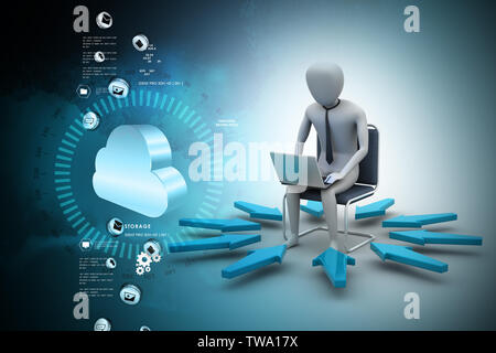 3d-Mann bei der Arbeit am Laptop Stockfoto