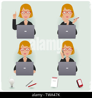 Frau im Anzug auf ihrem Schreibtisch, die Büroarbeit macht. Energiegeladene Geschäftsfrau bei der Arbeit, die auf ihrem Schreibtisch sitzt und an ihrem Laptop arbeitet. Stockfoto
