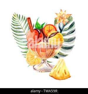 Aquarell tropischen Zusammensetzung mit Eis Dessert auf einem hellen Hintergrund mit Früchten, Blättern und Blüten von Palm Stockfoto