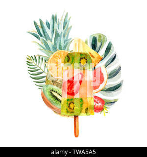 Aquarell tropischen Komposition mit Obst Eis auf einem hellen Hintergrund mit Früchten, Blättern und Blüten von Palm Stockfoto