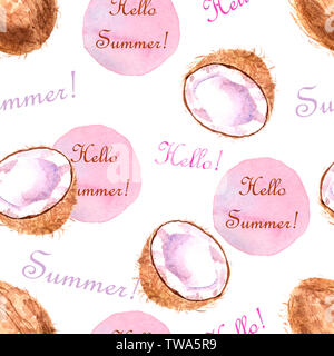 Aquarell tropischen nahtlose Muster mit Kokos und Text isoliert auf weißem Hintergrund Stockfoto