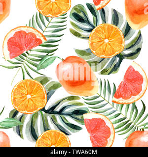 Aquarell tropischen nahtlose Muster mit Orange, Grapefruit, Palmblättern und Mango isoliert auf weißem Hintergrund Stockfoto