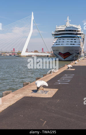 Rotterdam, Niederlande - 18 April 2019: Aidamar Kreuzfahrtschiff von AIDA Cruises Die deutsche Firma stationning am Cruise Terminal neben der Nieuwe Maas gegen einen klaren blauen Himmel. Stockfoto