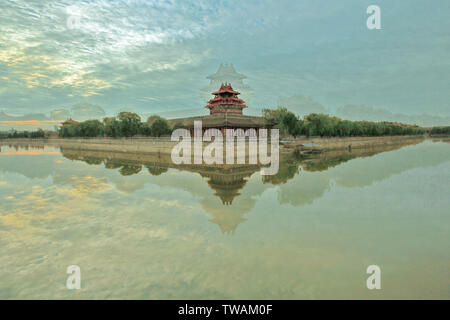 Eckturm des Imperial Palace Museum in Peking, Fotografie sekundäre Exposition traum Wirkung Stockfoto