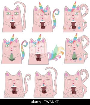 Große lustige rosa Katze Einhorn. Konzept der Wunder und Magie. Stock Vektor