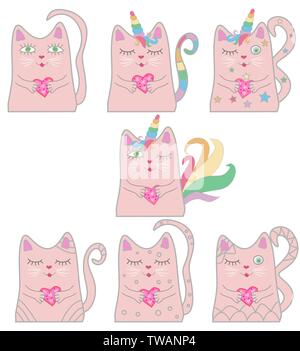 Große lustige rosa Katze Einhorn. Konzept der Wunder und Magie. Stock Vektor