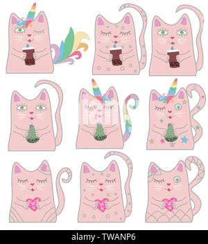 Große lustige rosa Katze Einhorn. Konzept der Wunder und Magie. Stock Vektor