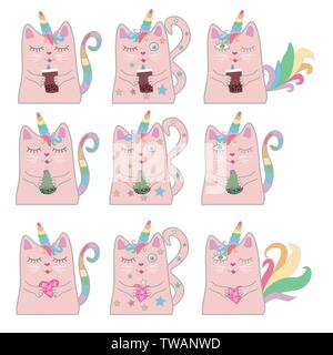 Große lustige rosa Katze Einhorn. Konzept der Wunder und Magie. Stock Vektor