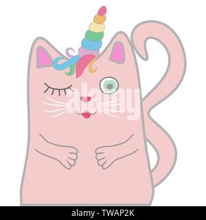 Lustige rosa Katze Einhorn schloss die Augen. Konzept der Wunder und Magie Stock Vektor