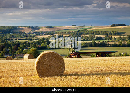 Strohballen auf dem Hügel oberhalb des Dorfes Corton im Wylye Valley in Wiltshire. Stockfoto