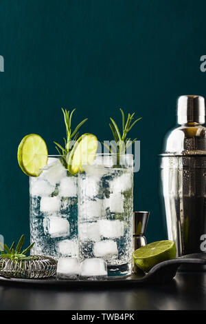 Classic Gin und Tonic Cocktail mit rosmarinzweige in hohe Gläser auf einem Tisch mit bar Zubehör Stockfoto