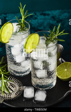Classic Gin und Tonic Cocktail mit rosmarinzweige in hohe Gläser auf einem Tisch mit bar Zubehör Stockfoto