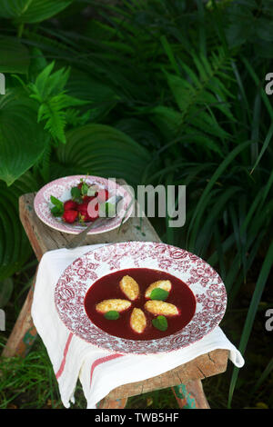 Cottage cheese Gnocchi mit Erdbeersauce und Zitronenmelisse Blätter auf dem Hintergrund der Sommergarten. Rustikaler Stil, selektiven Fokus. Stockfoto