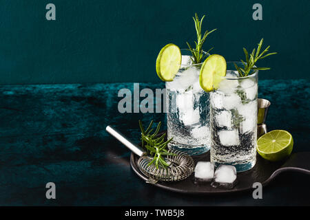 Classic Gin und Tonic Cocktail mit rosmarinzweige in hohe Gläser auf einem Tisch mit bar Zubehör Stockfoto
