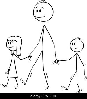 Vektor cartoon Strichmännchen Zeichnen konzeptionelle Darstellung der Mann o Vater oder Papa zusammen mit kleinen Mädchen und Jungen oder Tochter und Sohn. Sie sind zu Fuß und halten sich an den Händen. Stock Vektor