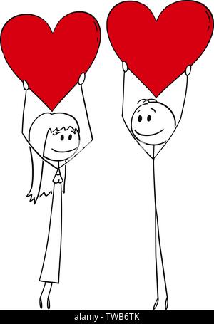 Vektor cartoon Strichmännchen Zeichnen konzeptionelle Darstellung der heterosexuellen Paaren von Mann und Frau am Tag halten Große rote Herzen. Stock Vektor