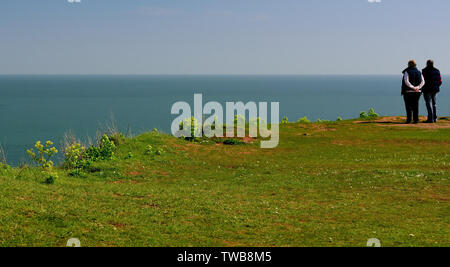 Ein paar mit Blick auf das Meer von einem exponierten Landspitze. Stockfoto