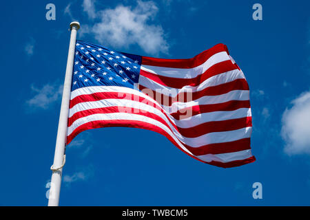 USA Vereinigte Staaten nationale Flagge an einem Fahnenmast an einem windigen Tag Stockfoto