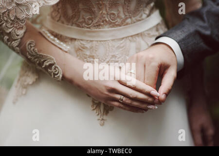 Hände Braut und Bräutigam mit Hochzeit Ringe. Engagement und Liebe Konzept. Stockfoto