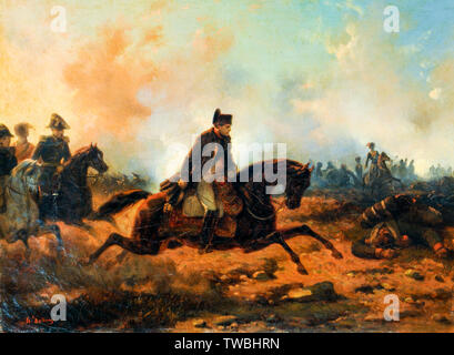 Napoleón Bonaparte laden zu Pferd in der Schlacht von Waterloo, Gemälde von Hippolyte Bellange, 1815-1866 Stockfoto