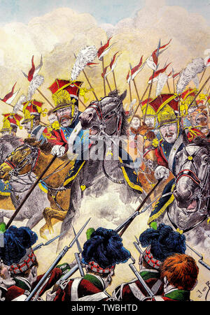 Der rote Lancers der Französischen Imperial Guard gegen die Schottische Infanterie in der Schlacht bei Waterloo, Illustration, vor 1931 Stockfoto