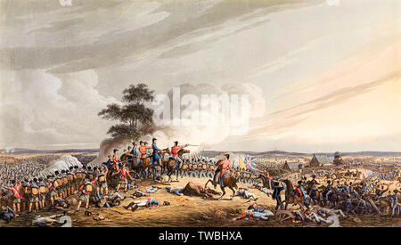 Schlacht von Waterloo, Drucken, 1816. Die Aussicht vom Mont St. Jean der Schlacht von Waterloo, der zu Beginn des Grand kostenlos auf dem Französischen ca. 7 Uhr am Abend des 18. Juni 1815 Stockfoto