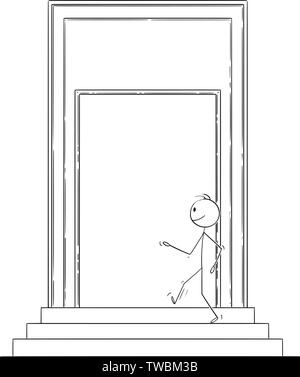 Vektor cartoon Strichmännchen Zeichnen konzeptionelle Darstellung der zuversichtlich Mann oder Geschäftsmann zu Fuß durch die große Tür und Eingabe einiger Gebäude. Stock Vektor