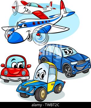 Cartoon Abbildung: Lustige Autos und Flugzeuge Fahrzeuge Comicfiguren Gruppe Stock Vektor