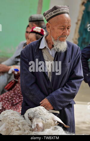 Lang-weiß gebärtete Viehhändler mit Scheps im Hotan Livestock Market-Xinjiang-China-0166 Stockfoto