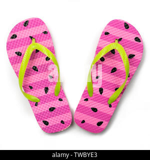 Childs Wassermelone Muster flip flops isoliert auf weißem Stockfoto