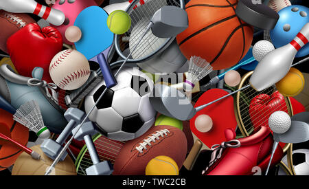 Sportausrüstung mit einem Fußball Basketball Baseball Fussball Tennis und Golf ball Tischtennis Tennis hockey puck als gesunde Erholung. Stockfoto