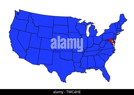 Maryland State Umrisse und Silhouette in eine Karte der Vereinigten Staaten von Amerika Stock Vektor