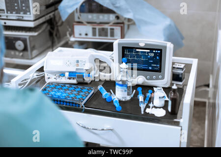 Pulsmesser im Krankenhaus Theater. Medizinische Vitalparameter-monitor Instrument in einem Krankenhaus auf anästhesie Chirurgie überwachen. Ekg-Monitor. medi Stockfoto