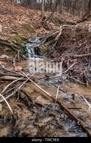 Ein kleiner Wasserfall in einem natürlichen Bach, läuft schnell mit Frühling Schnee schmelzen, Stockfoto