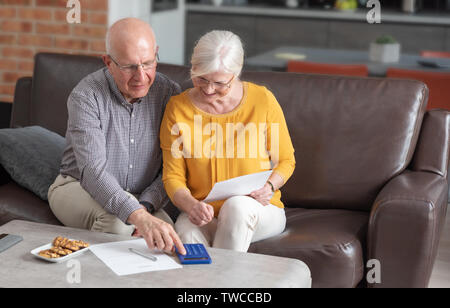 Senior paar Rechnungen zusammen bezahlen mit Taschenrechner. Paar dabei einige Unterlagen und Berechnungen zu Hause Stockfoto