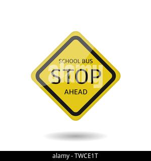 Bushaltestelle vor der Schule anmelden. Gelbes Warnschild Symbol, Vector Illustration Stock Vektor