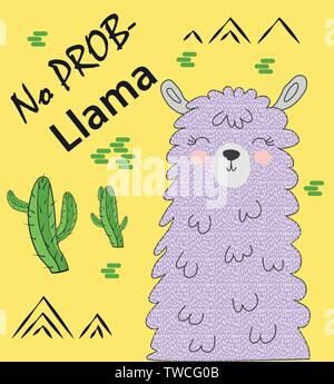 Motivation Schriftzug mit kein Drama llama. Kuehlung lustig doodle Alpaka oder Peru symbol Lama mit Kakteen. Stock Vektor