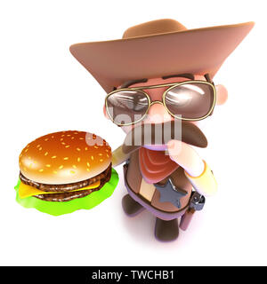 3D-Render eines lustigen Cartoon cowboy Holding ein Käse Burger Stockfoto