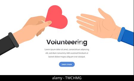 Freiwilligenarbeit Organisation Flachbild landing page Template. Cartoon hand sharing Herz, liebe Symbol. Gemeinnützigen Fonds, gemeinnützige Gemeinnützige Stiftung vektor Layout einer Webseite mit Text Raum Stock Vektor