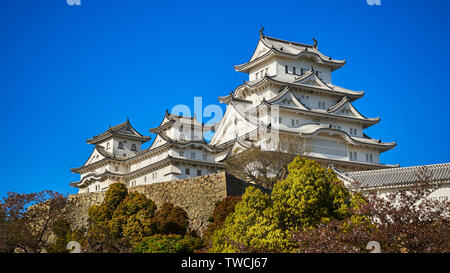 Das Schloss Himeji in einem warmen Nachmittag Licht und klarer blauer Himmel, mit etwas Grün und Braun Bäume im Vordergrund. Stockfoto