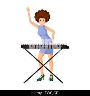 Frau am Synthesizer Vector Illustration. Freundliche weibliche Musiker, Pianist, elektronisches Musikinstrument. Lächelnde Mädchen, Piano Player mit geschweiften Afro style Frisur Hand winken, Gruß Geste Stock Vektor