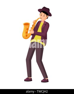 Saxophonist mit instrument Vector Illustration. Professionelle Musiker zu tragen hat, spielt Saxophon, Saxofon. Jazz Band player, jazzman, Blues mit Leidenschaft und Inspiration Melodie Stock Vektor