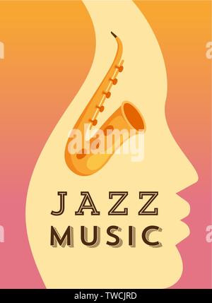 Jazz Musik flachbild Vektor banner Vorlage. Musiker Gesicht Profil Silhouette mit Saxophon stilisierte Abbildung. Creative Music festival Werbung, Werbemittel, Poster, Flyer Design Layout Stock Vektor