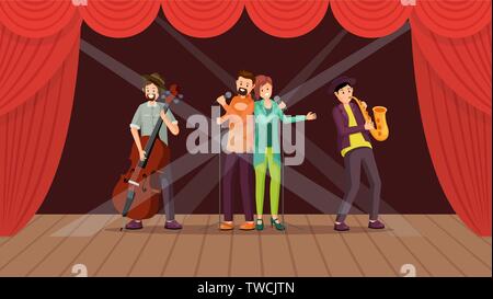 Jazz Band Konzert flachbild Vector Illustration. Cartoon Duett Sänger auf der Bühne mit roten Vorhängen. Musik Begleitung, Cellist, Saxophonist Musiker, spielt Cello, Saxophon in Spotlight Stock Vektor