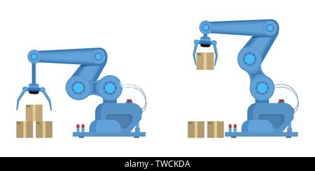 Industrial robot Arm Flache Vector Illustration. Smart Industrie, Lager Lader Robotik und Automation isolierte Design Elemente einstellen. Roboter Palettierer, innovative und moderne Fertigung, Produktion Stock Vektor