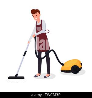 Mann mit Staubsauger flachbild Charakter. Mann Reinigung Teppich, Hausarbeit, Hausarbeit, Alltag Vector Illustration. Moderne Haushaltsgeräte isoliert Clipart Stock Vektor