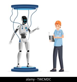 Robot Software Prüfung ebener Vektor Illustration. Heiter-Techniker im Helm Holding elektronisches Gerät cartoon Charakter. Futuristische droid Inspektion, Technologie Prüfung Plattform, Machine Learning Stock Vektor
